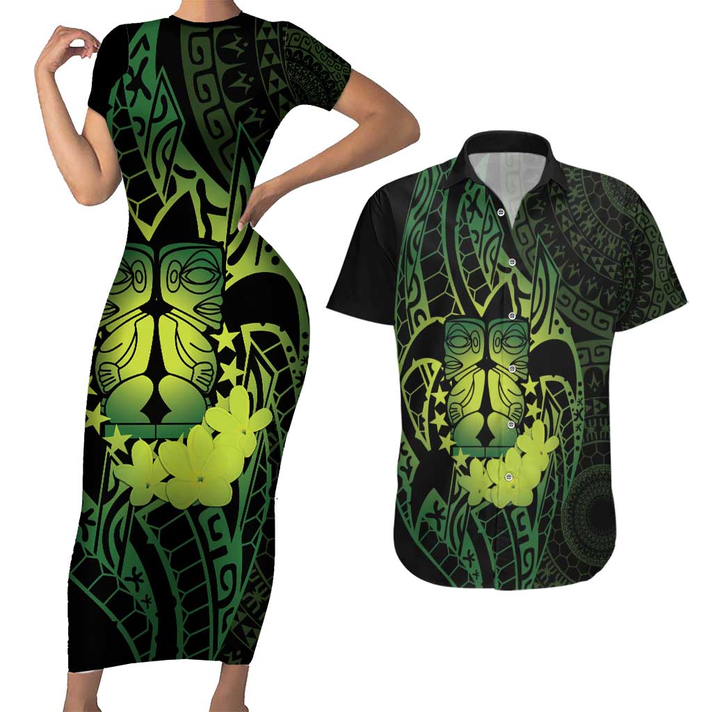 Kia Orana Kuki Airani Couples Matching Short Sleeve Bodycon Dress and Hawaiian Shirt Cook Islands Tangaroa God Tatau Green