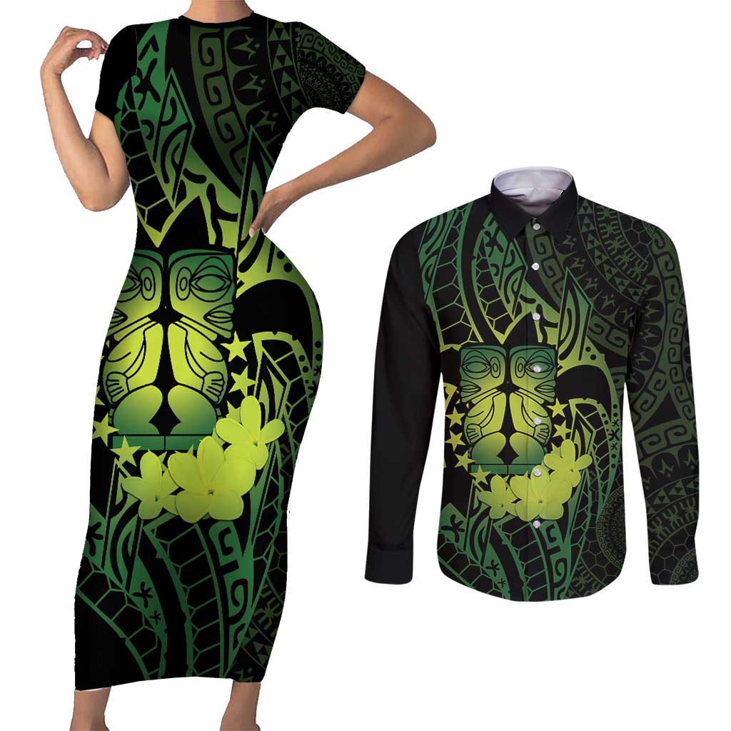 Kia Orana Kuki Airani Couples Matching Short Sleeve Bodycon Dress and Long Sleeve Button Shirt Cook Islands Tangaroa God Tatau Green