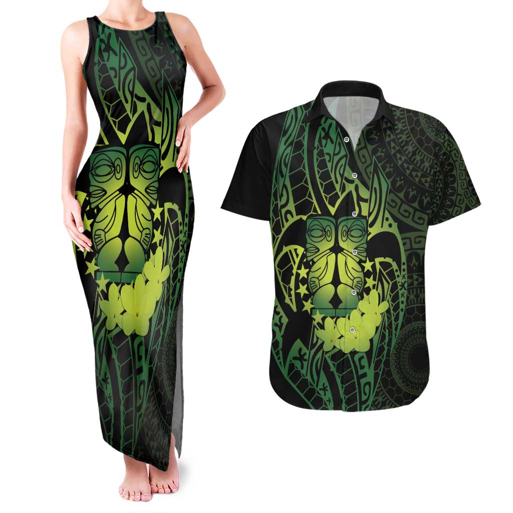 Kia Orana Kuki Airani Couples Matching Tank Maxi Dress and Hawaiian Shirt Cook Islands Tangaroa God Tatau Green