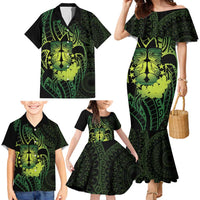 Kia Orana Kuki Airani Family Matching Mermaid Dress and Hawaiian Shirt Cook Islands Tangaroa God Tatau Green