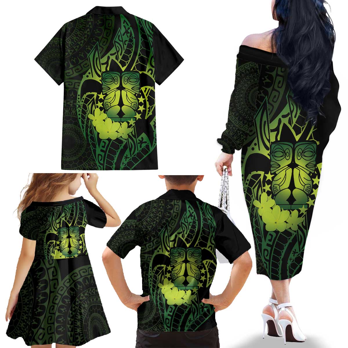 Kia Orana Kuki Airani Family Matching Off The Shoulder Long Sleeve Dress and Hawaiian Shirt Cook Islands Tangaroa God Tatau Green