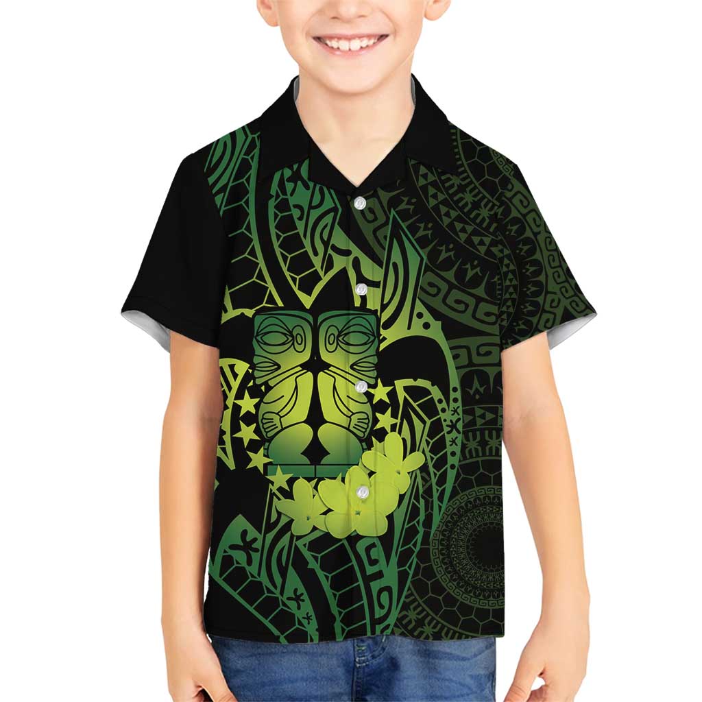 Kia Orana Kuki Airani Family Matching Off Shoulder Maxi Dress and Hawaiian Shirt Cook Islands Tangaroa God Tatau Green