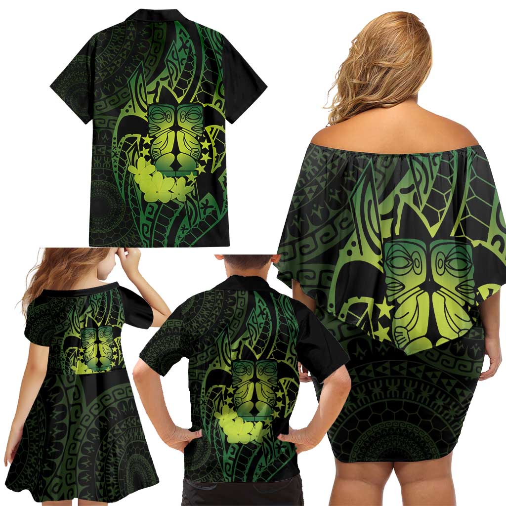 Kia Orana Kuki Airani Family Matching Off Shoulder Short Dress and Hawaiian Shirt Cook Islands Tangaroa God Tatau Green