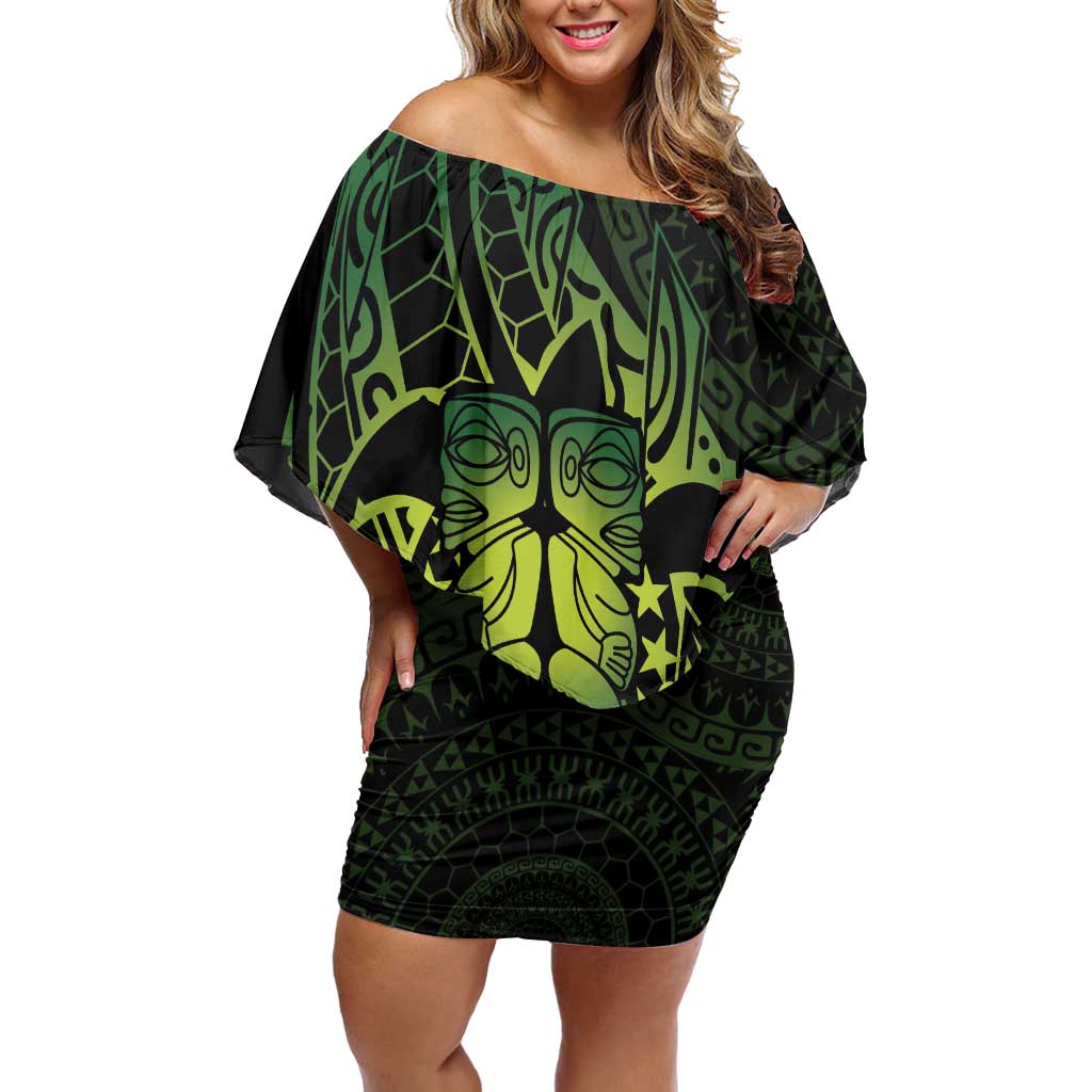 Kia Orana Kuki Airani Family Matching Off Shoulder Short Dress and Hawaiian Shirt Cook Islands Tangaroa God Tatau Green