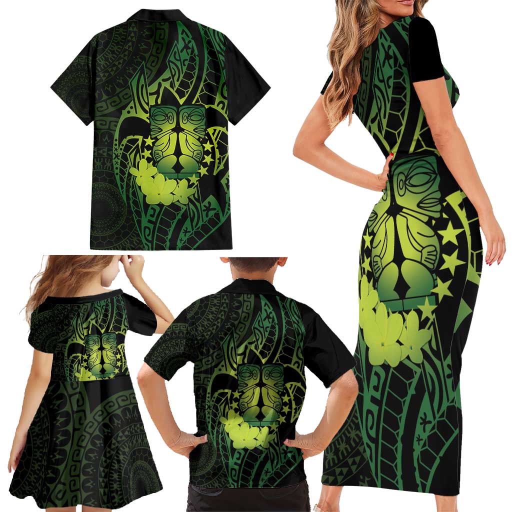 Kia Orana Kuki Airani Family Matching Short Sleeve Bodycon Dress and Hawaiian Shirt Cook Islands Tangaroa God Tatau Green
