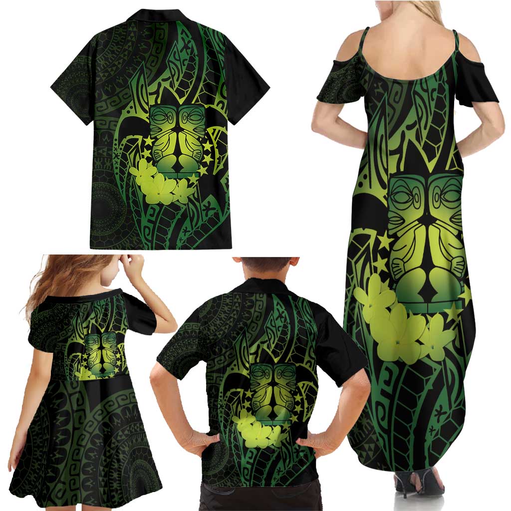 Kia Orana Kuki Airani Family Matching Summer Maxi Dress and Hawaiian Shirt Cook Islands Tangaroa God Tatau Green