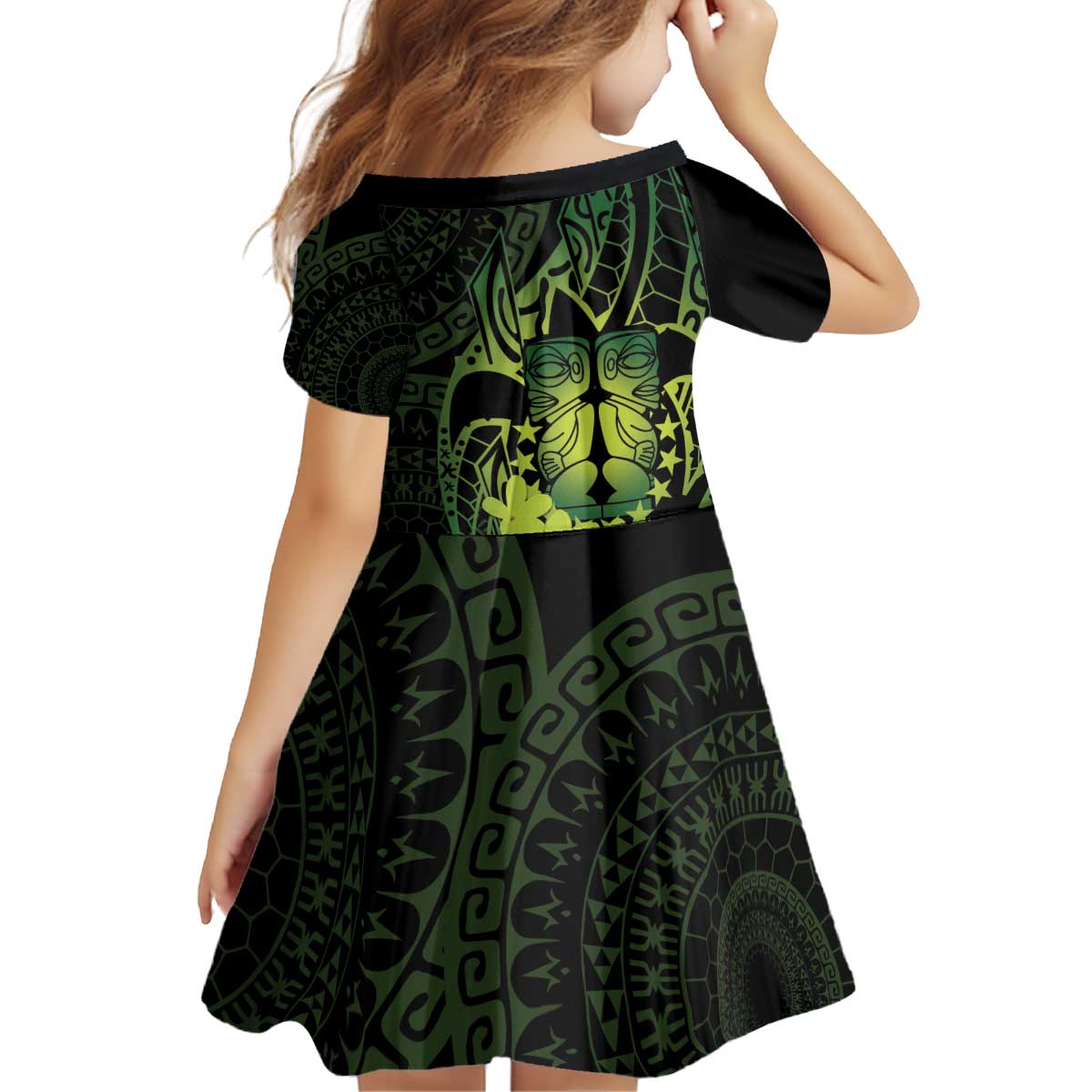 Kia Orana Kuki Airani Kid Short Sleeve Dress Cook Islands Tangaroa God Tatau Green