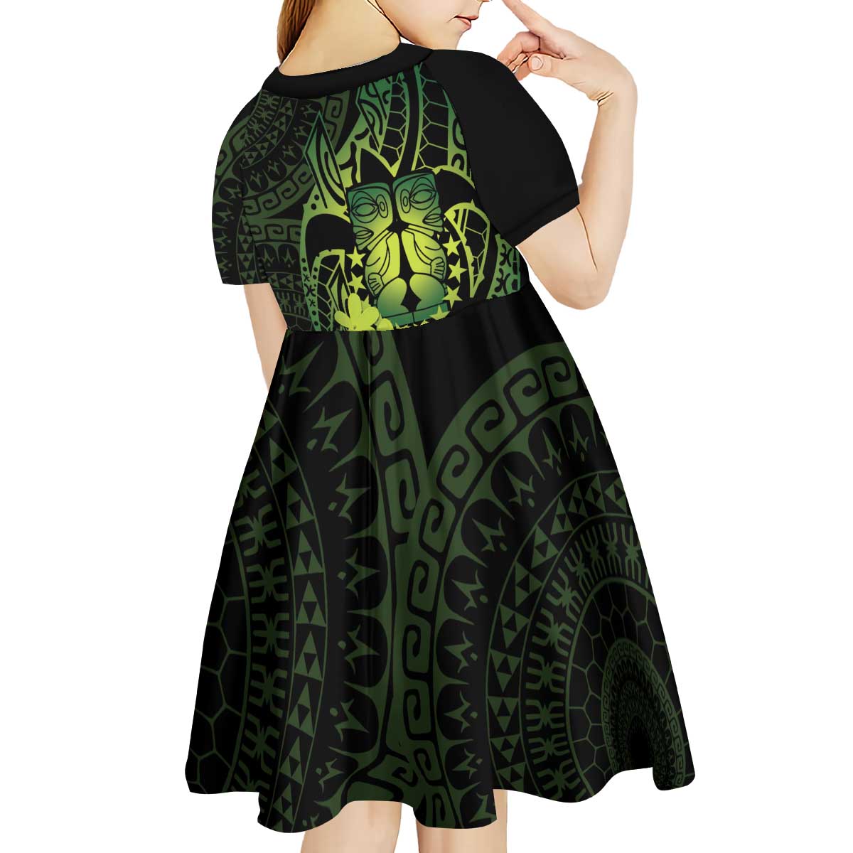 Kia Orana Kuki Airani Kid Short Sleeve Dress Cook Islands Tangaroa God Tatau Green