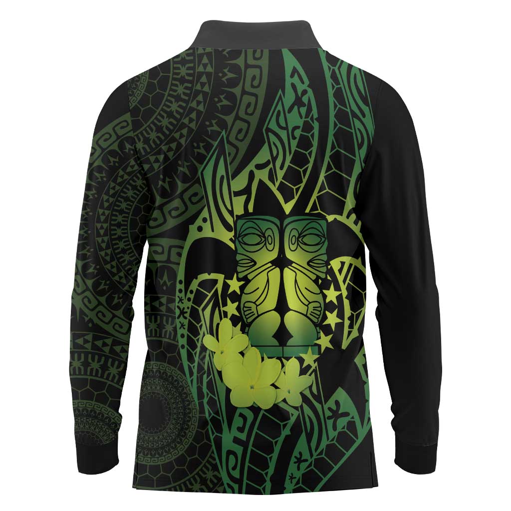 Kia Orana Kuki Airani Long Sleeve Polo Shirt Cook Islands Tangaroa God Tatau Green
