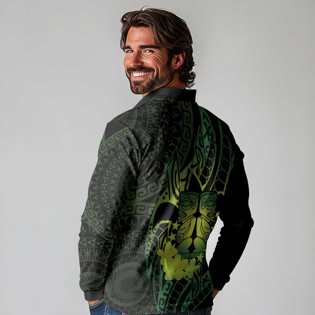 Kia Orana Kuki Airani Long Sleeve Polo Shirt Cook Islands Tangaroa God Tatau Green