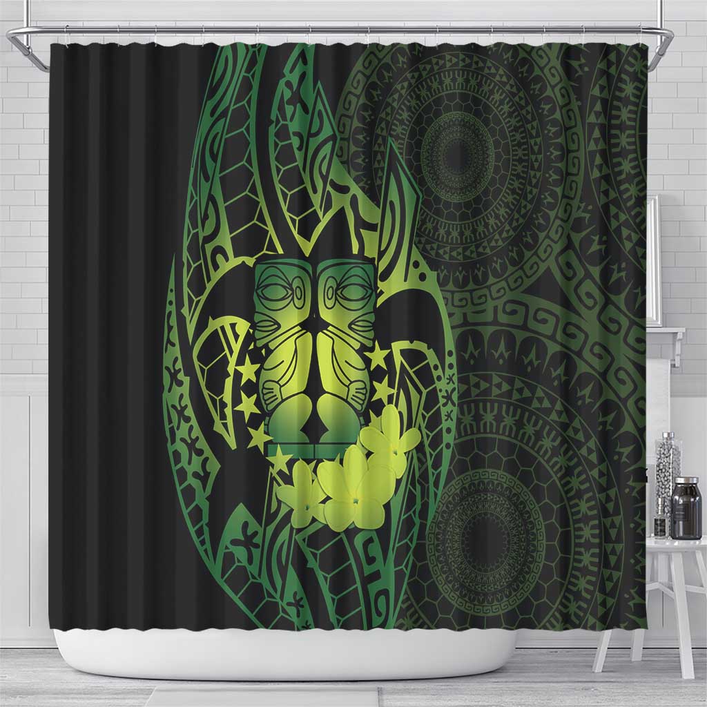 Kia Orana Kuki Airani Shower Curtain Cook Islands Tangaroa God Tatau Green