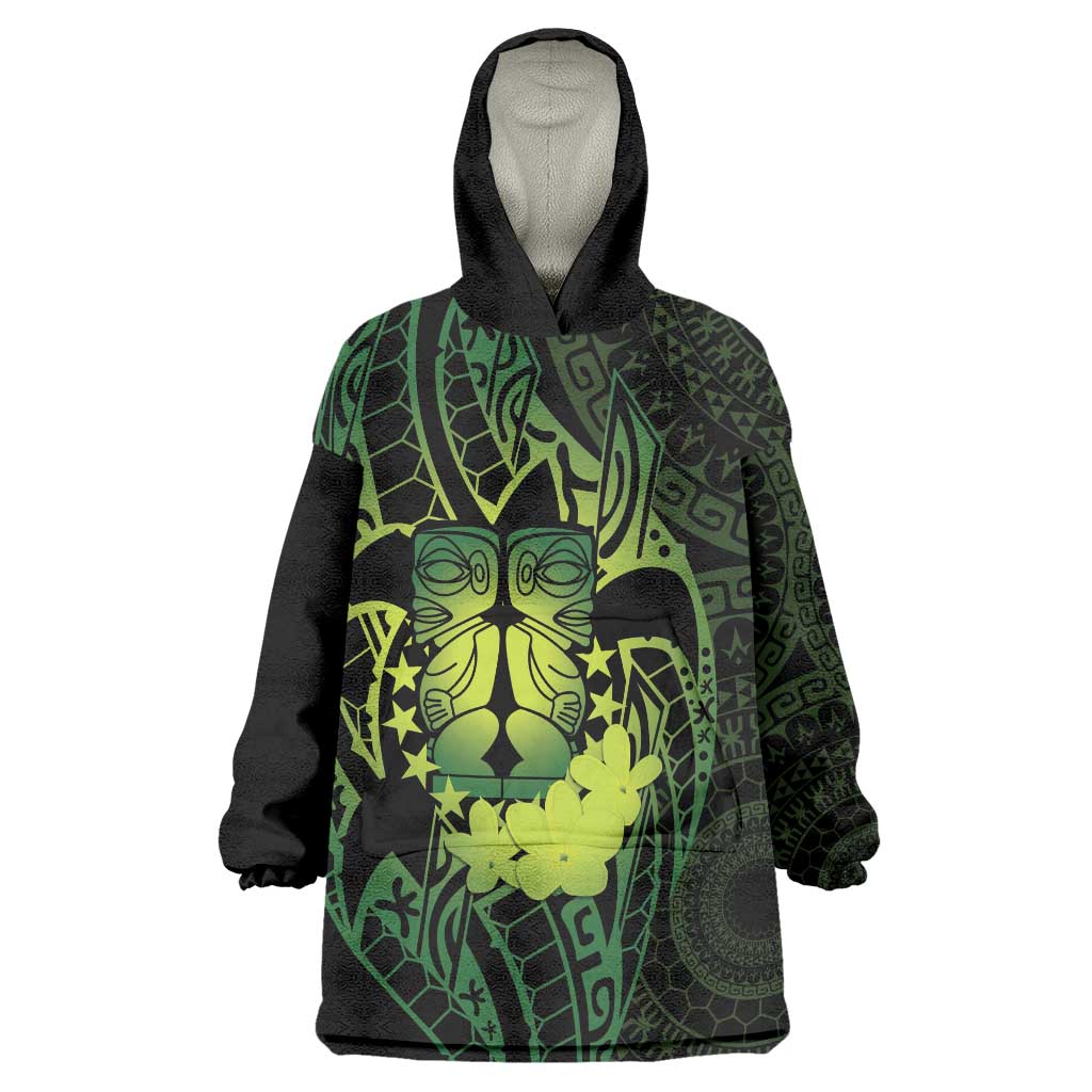 Kia Orana Kuki Airani Wearable Blanket Hoodie Cook Islands Tangaroa God Tatau Green