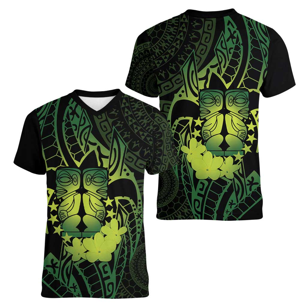 Kia Orana Kuki Airani Women V-Neck T-Shirt Cook Islands Tangaroa God Tatau Green