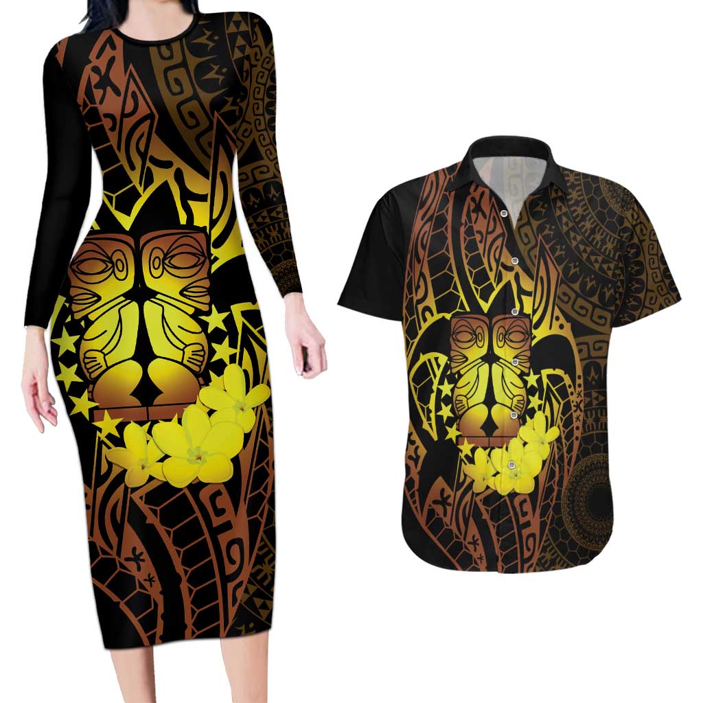 Kia Orana Kuki Airani Couples Matching Long Sleeve Bodycon Dress and Hawaiian Shirt Cook Islands Tangaroa God Tatau Gold