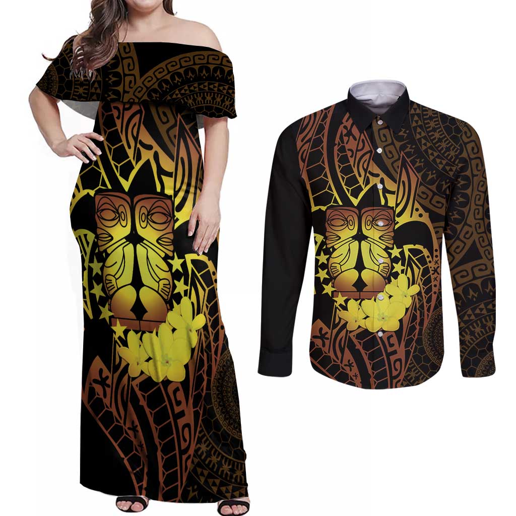Kia Orana Kuki Airani Couples Matching Off Shoulder Maxi Dress and Long Sleeve Button Shirt Cook Islands Tangaroa God Tatau Gold