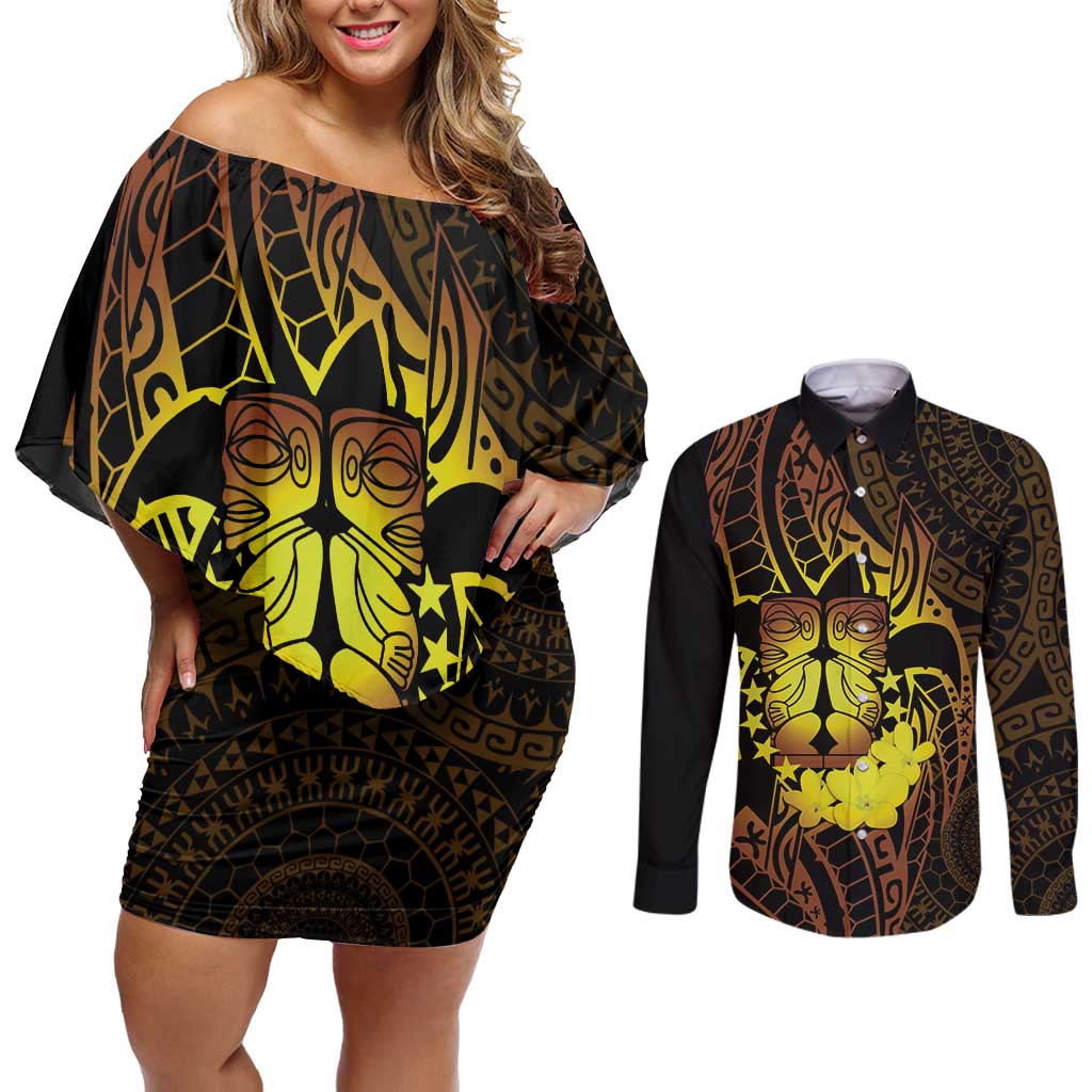 Kia Orana Kuki Airani Couples Matching Off Shoulder Short Dress and Long Sleeve Button Shirt Cook Islands Tangaroa God Tatau Gold