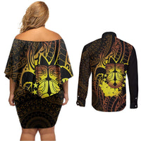 Kia Orana Kuki Airani Couples Matching Off Shoulder Short Dress and Long Sleeve Button Shirt Cook Islands Tangaroa God Tatau Gold