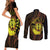Kia Orana Kuki Airani Couples Matching Short Sleeve Bodycon Dress and Long Sleeve Button Shirt Cook Islands Tangaroa God Tatau Gold
