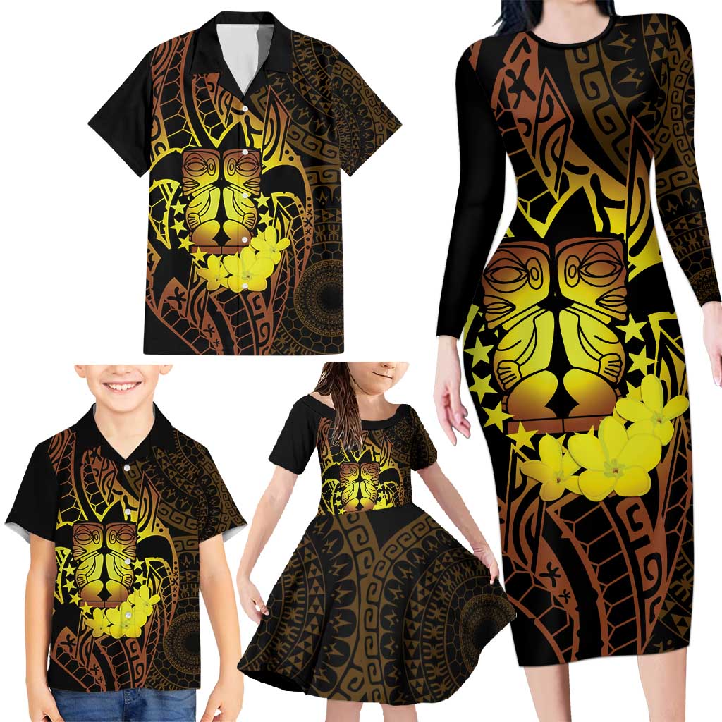 Kia Orana Kuki Airani Family Matching Long Sleeve Bodycon Dress and Hawaiian Shirt Cook Islands Tangaroa God Tatau Gold
