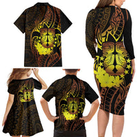 Kia Orana Kuki Airani Family Matching Long Sleeve Bodycon Dress and Hawaiian Shirt Cook Islands Tangaroa God Tatau Gold