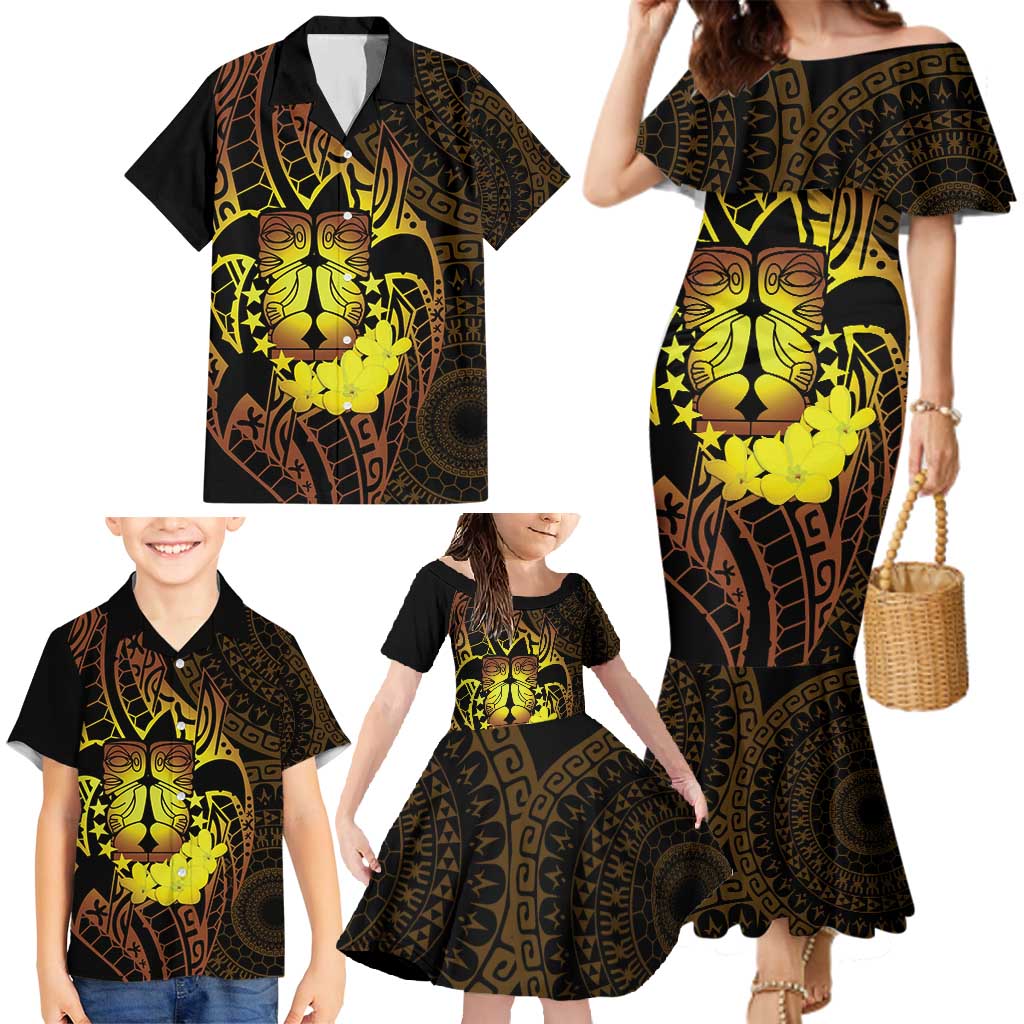 Kia Orana Kuki Airani Family Matching Mermaid Dress and Hawaiian Shirt Cook Islands Tangaroa God Tatau Gold