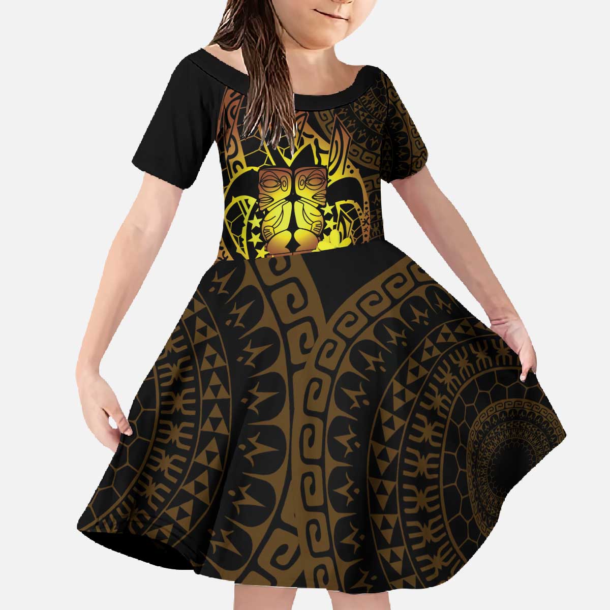 Kia Orana Kuki Airani Family Matching Off The Shoulder Long Sleeve Dress and Hawaiian Shirt Cook Islands Tangaroa God Tatau Gold
