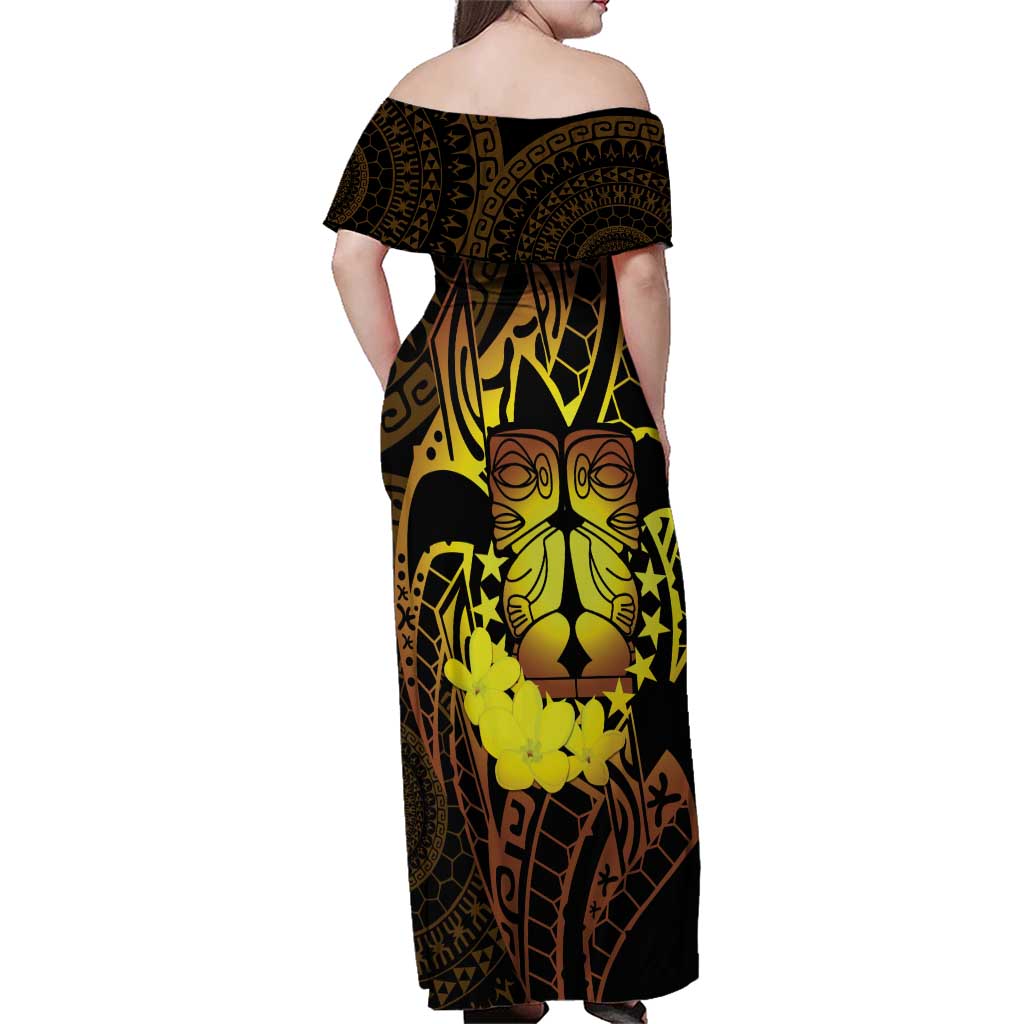 Kia Orana Kuki Airani Family Matching Off Shoulder Maxi Dress and Hawaiian Shirt Cook Islands Tangaroa God Tatau Gold