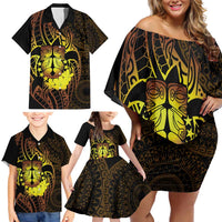 Kia Orana Kuki Airani Family Matching Off Shoulder Short Dress and Hawaiian Shirt Cook Islands Tangaroa God Tatau Gold