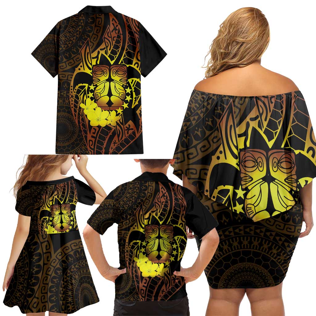 Kia Orana Kuki Airani Family Matching Off Shoulder Short Dress and Hawaiian Shirt Cook Islands Tangaroa God Tatau Gold