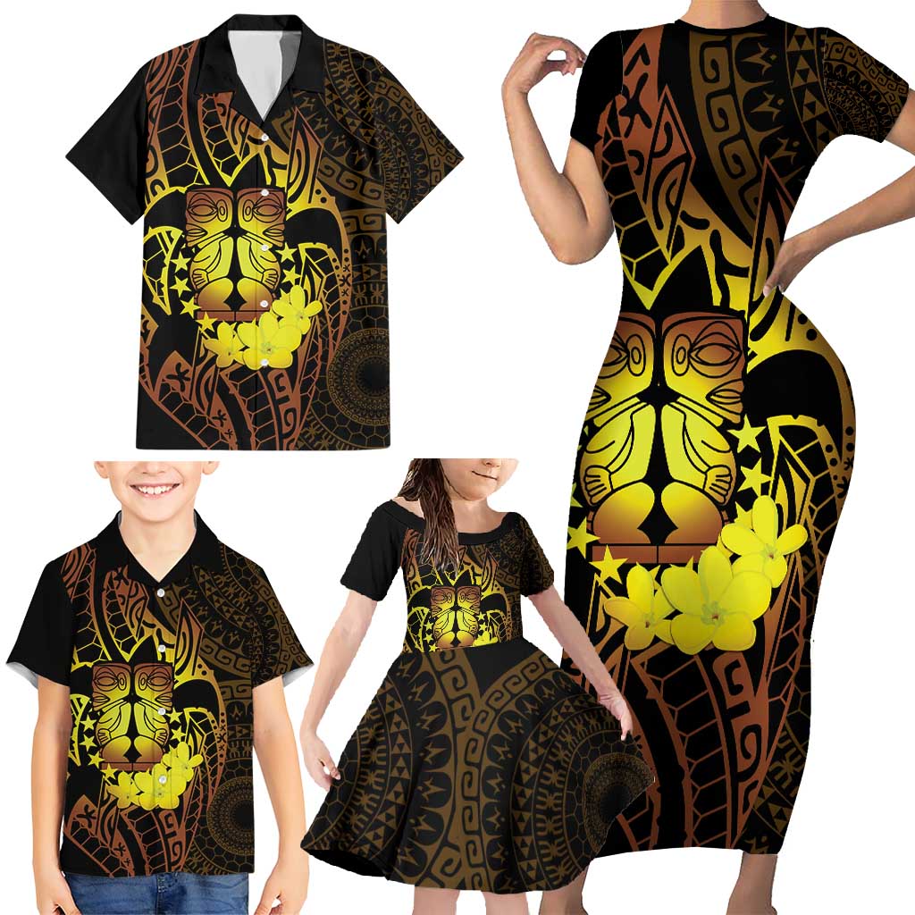 Kia Orana Kuki Airani Family Matching Short Sleeve Bodycon Dress and Hawaiian Shirt Cook Islands Tangaroa God Tatau Gold