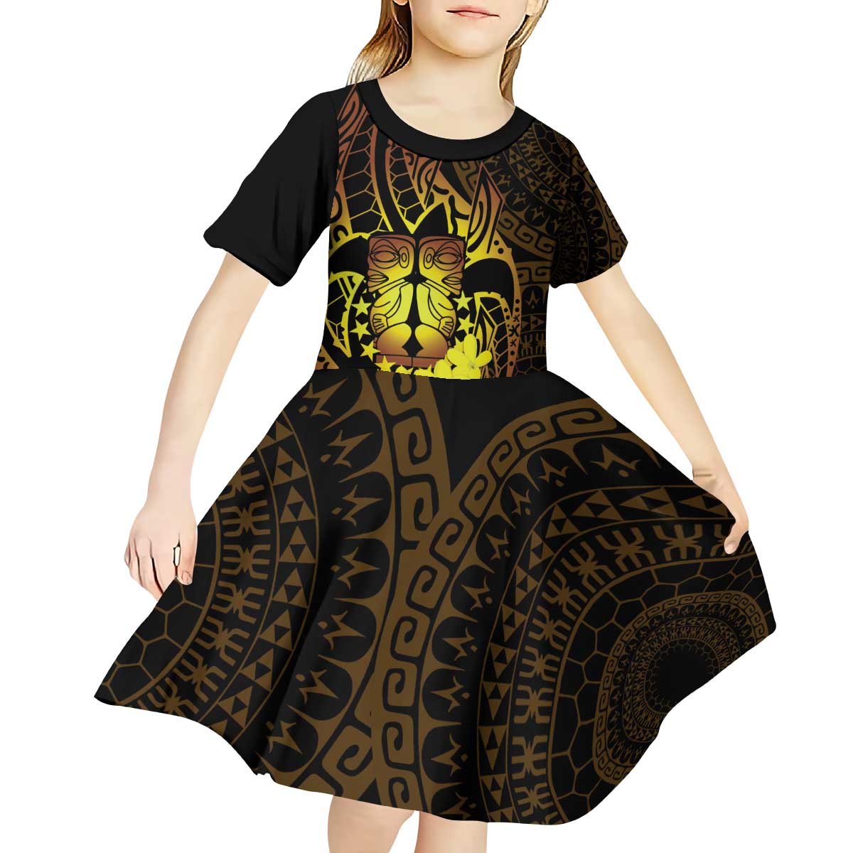 Kia Orana Kuki Airani Kid Short Sleeve Dress Cook Islands Tangaroa God Tatau Gold