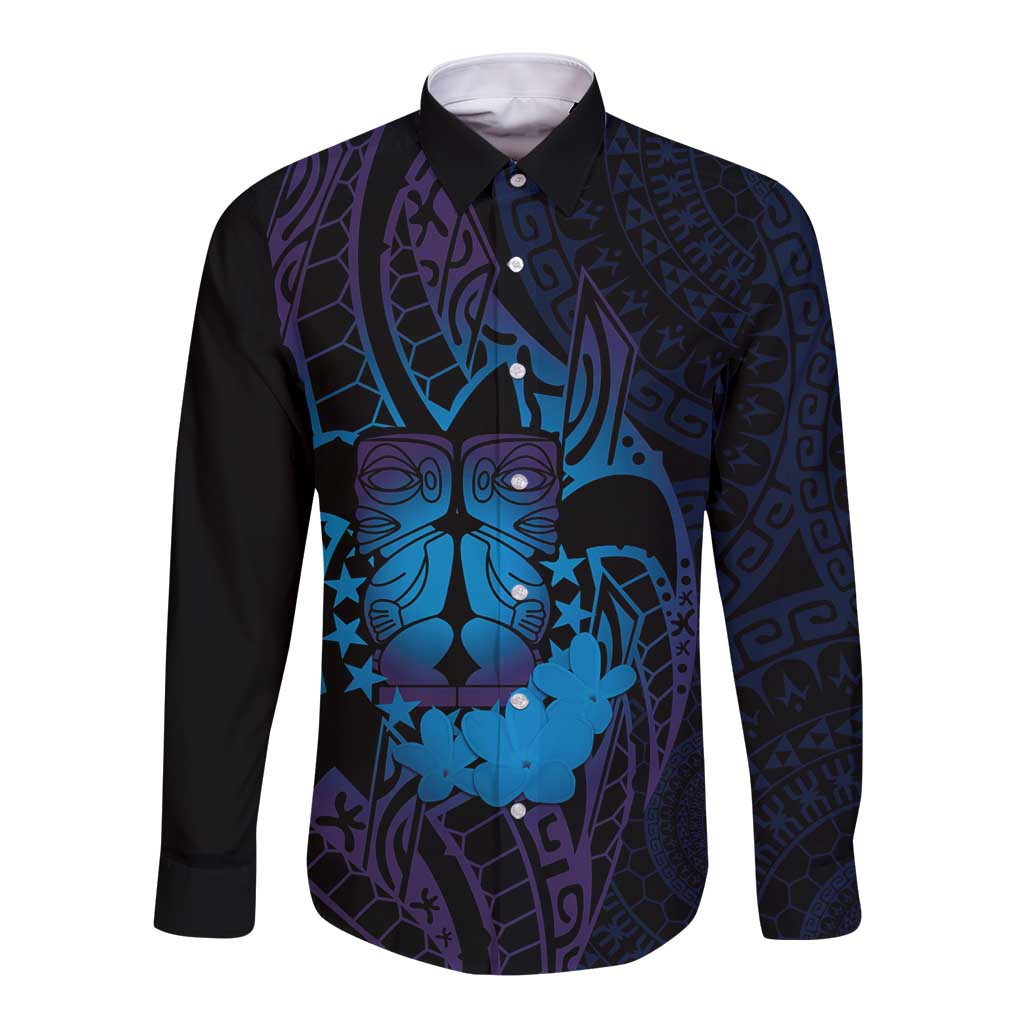 Kia Orana Kuki Airani Long Sleeve Button Shirt Cook Islands Tangaroa God Tatau Purple