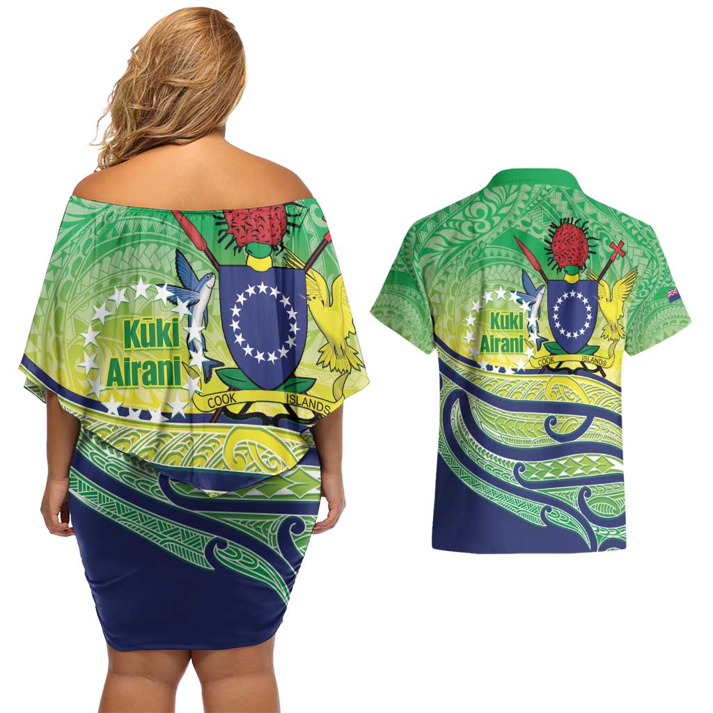 Te Maeva Nui Cook Islands Couples Matching Off Shoulder Short Dress and Hawaiian Shirt 60th Independence Anniversary Proud