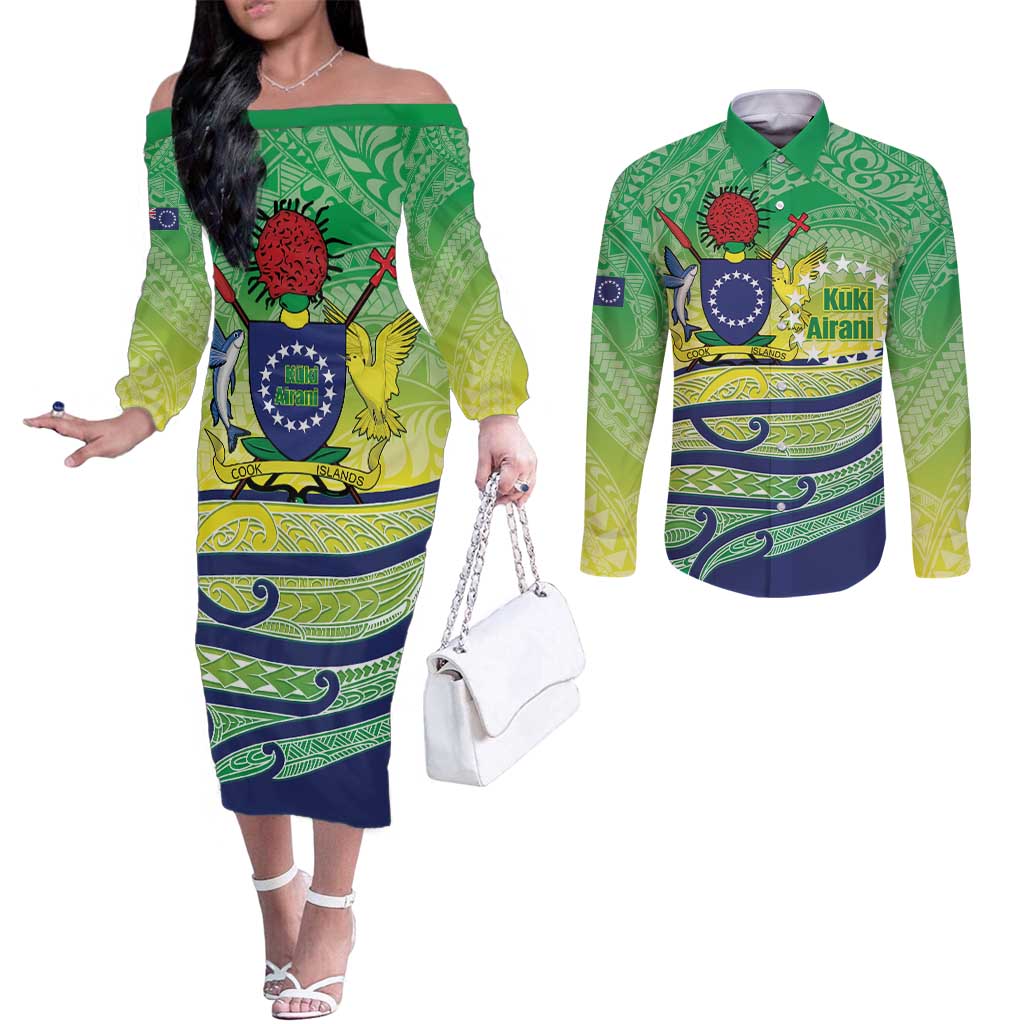Te Maeva Nui Cook Islands Couples Matching Off The Shoulder Long Sleeve Dress and Long Sleeve Button Shirt 60th Independence Anniversary Proud
