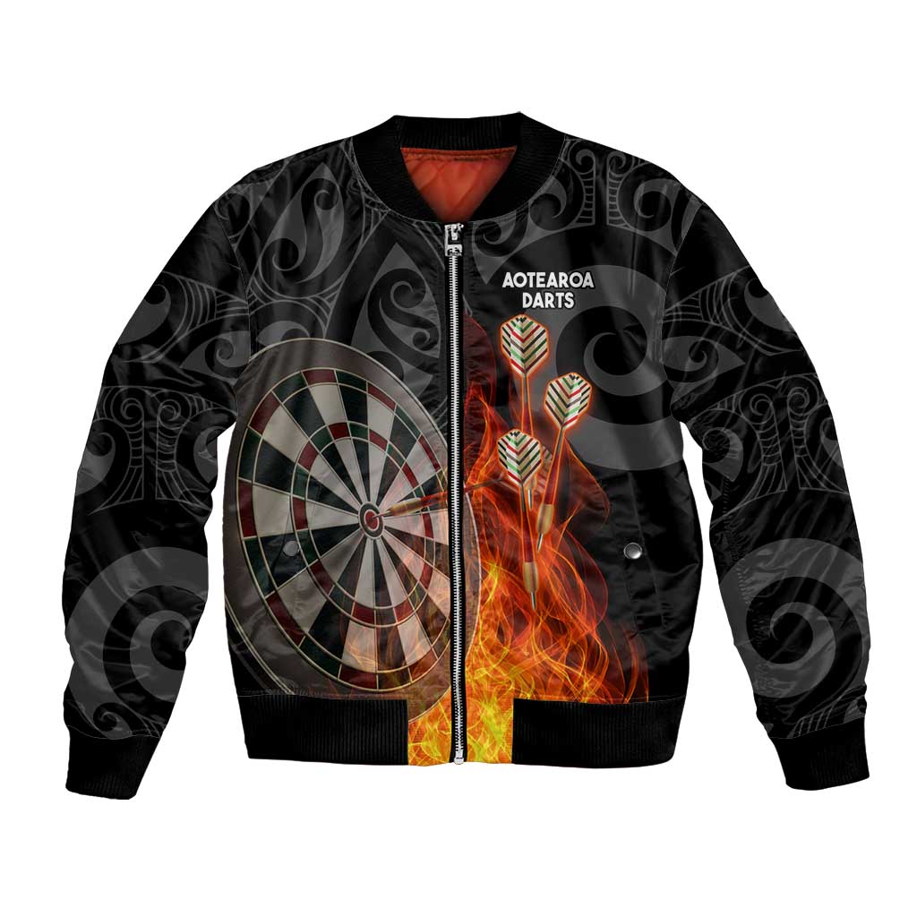 Personalised Aotearoa Darts Bomber Jacket Maori Koru Flaming Dartboard LT14 Unisex Black - Polynesian Pride