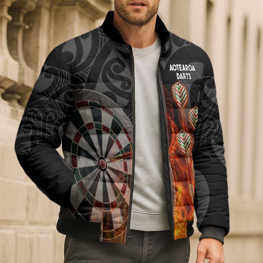 Personalised Aotearoa Darts Bomber Puffer Jacket Maori Koru Flaming Dartboard - Polynesian Pride