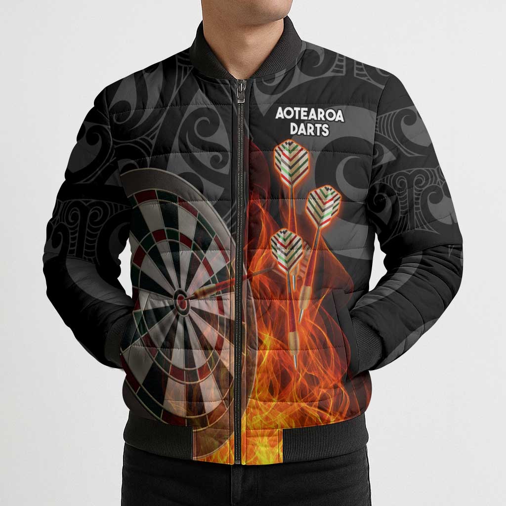 Personalised Aotearoa Darts Bomber Puffer Jacket Maori Koru Flaming Dartboard - Polynesian Pride