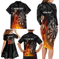 Personalised Aotearoa Darts Family Matching Long Sleeve Bodycon Dress and Hawaiian Shirt Maori Koru Flaming Dartboard