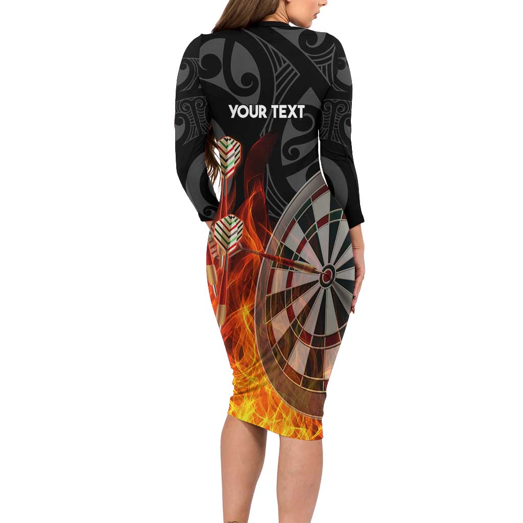 Personalised Aotearoa Darts Family Matching Long Sleeve Bodycon Dress and Hawaiian Shirt Maori Koru Flaming Dartboard