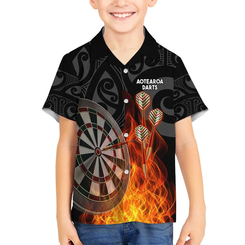 Personalised Aotearoa Darts Family Matching Long Sleeve Bodycon Dress and Hawaiian Shirt Maori Koru Flaming Dartboard