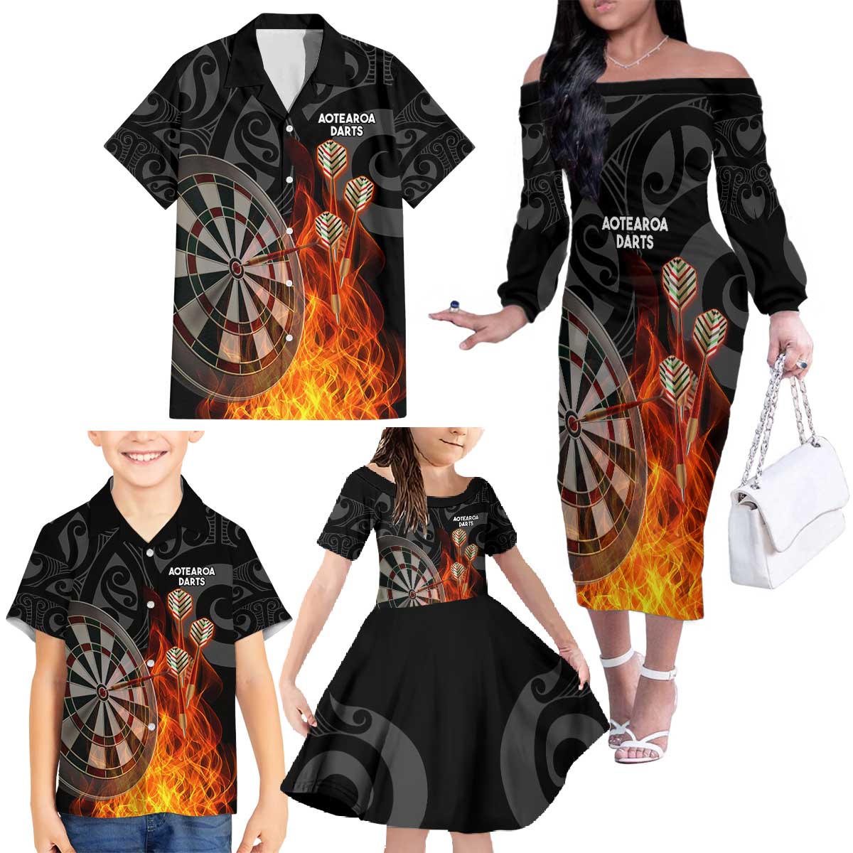 Personalised Aotearoa Darts Family Matching Off The Shoulder Long Sleeve Dress and Hawaiian Shirt Maori Koru Flaming Dartboard