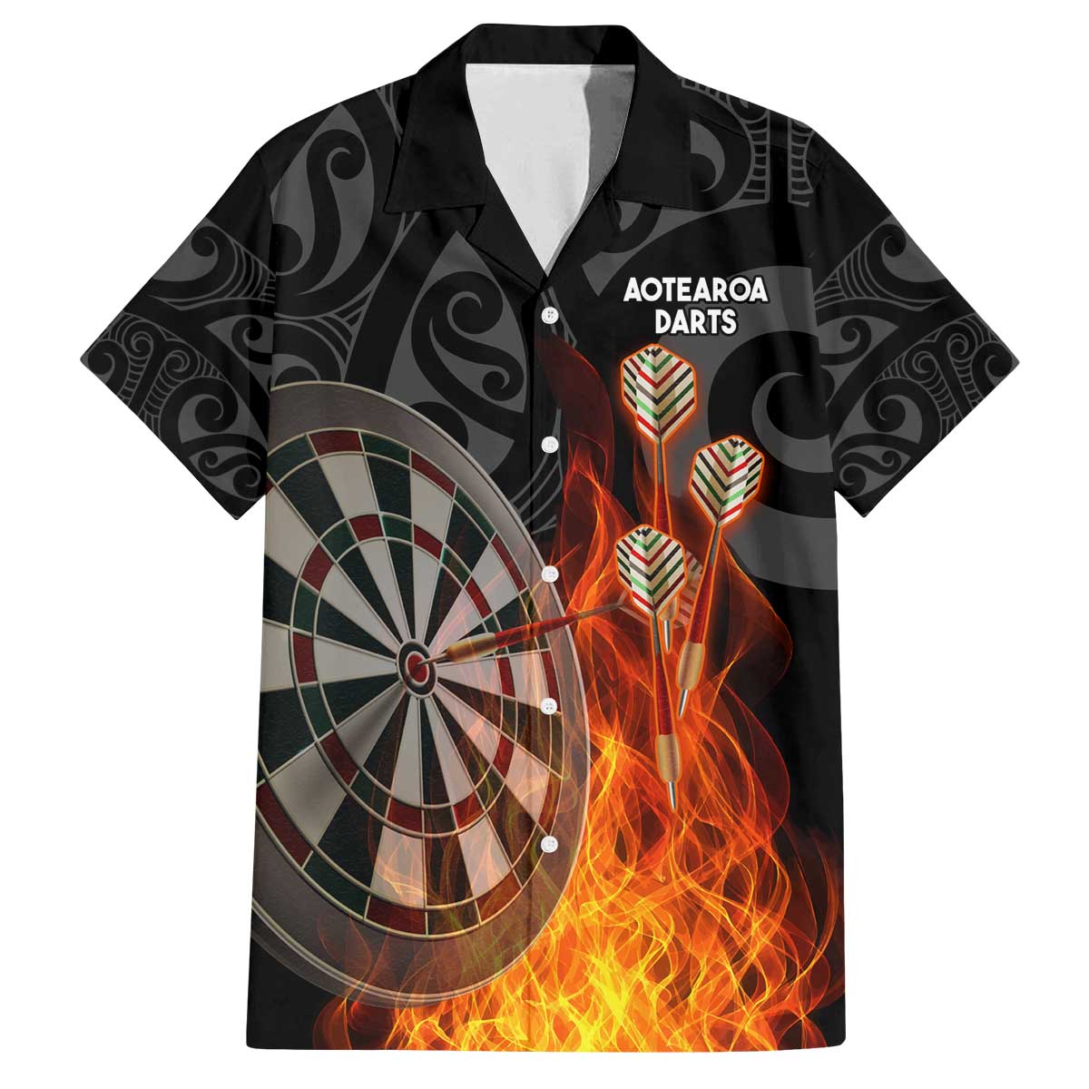 Personalised Aotearoa Darts Family Matching Off The Shoulder Long Sleeve Dress and Hawaiian Shirt Maori Koru Flaming Dartboard LT14 Dad's Shirt - Short Sleeve Black - Polynesian Pride