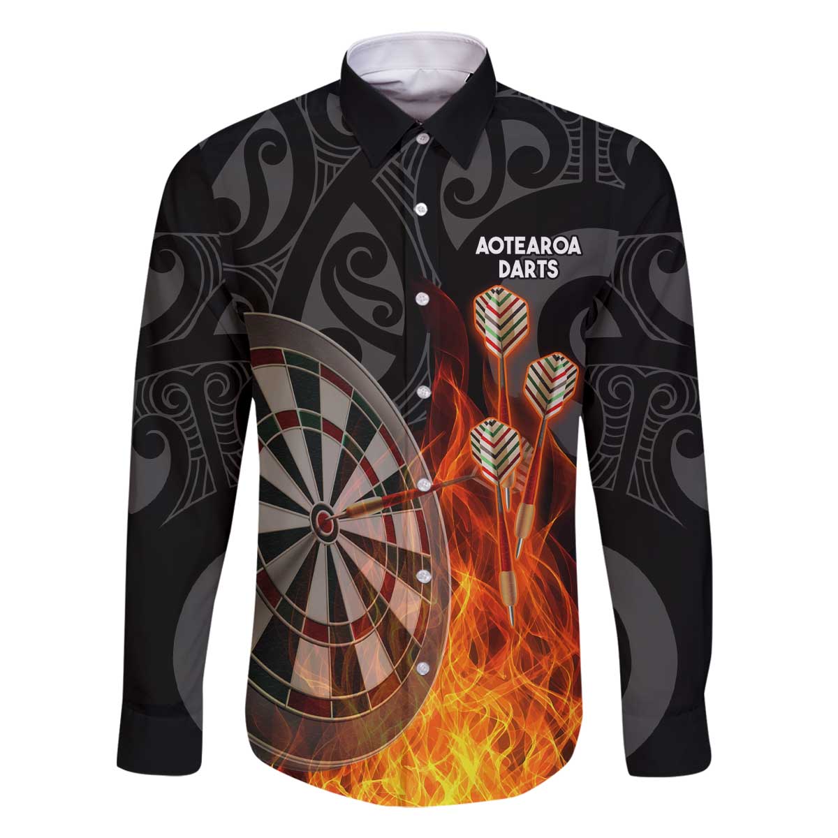 Personalised Aotearoa Darts Family Matching Off The Shoulder Long Sleeve Dress and Hawaiian Shirt Maori Koru Flaming Dartboard LT14 Dad's Shirt - Long Sleeve Black - Polynesian Pride
