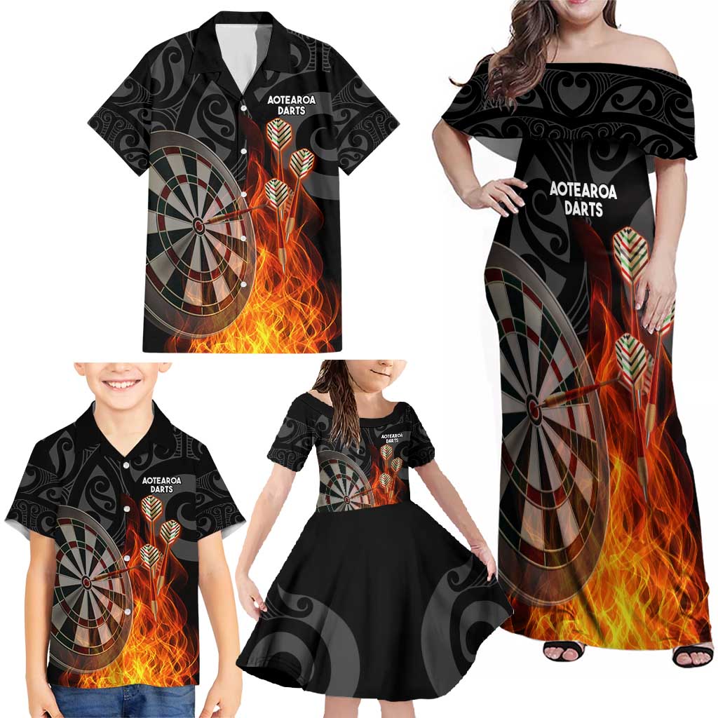 Personalised Aotearoa Darts Family Matching Off Shoulder Maxi Dress and Hawaiian Shirt Maori Koru Flaming Dartboard