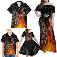 Personalised Aotearoa Darts Family Matching Off Shoulder Maxi Dress and Hawaiian Shirt Maori Koru Flaming Dartboard