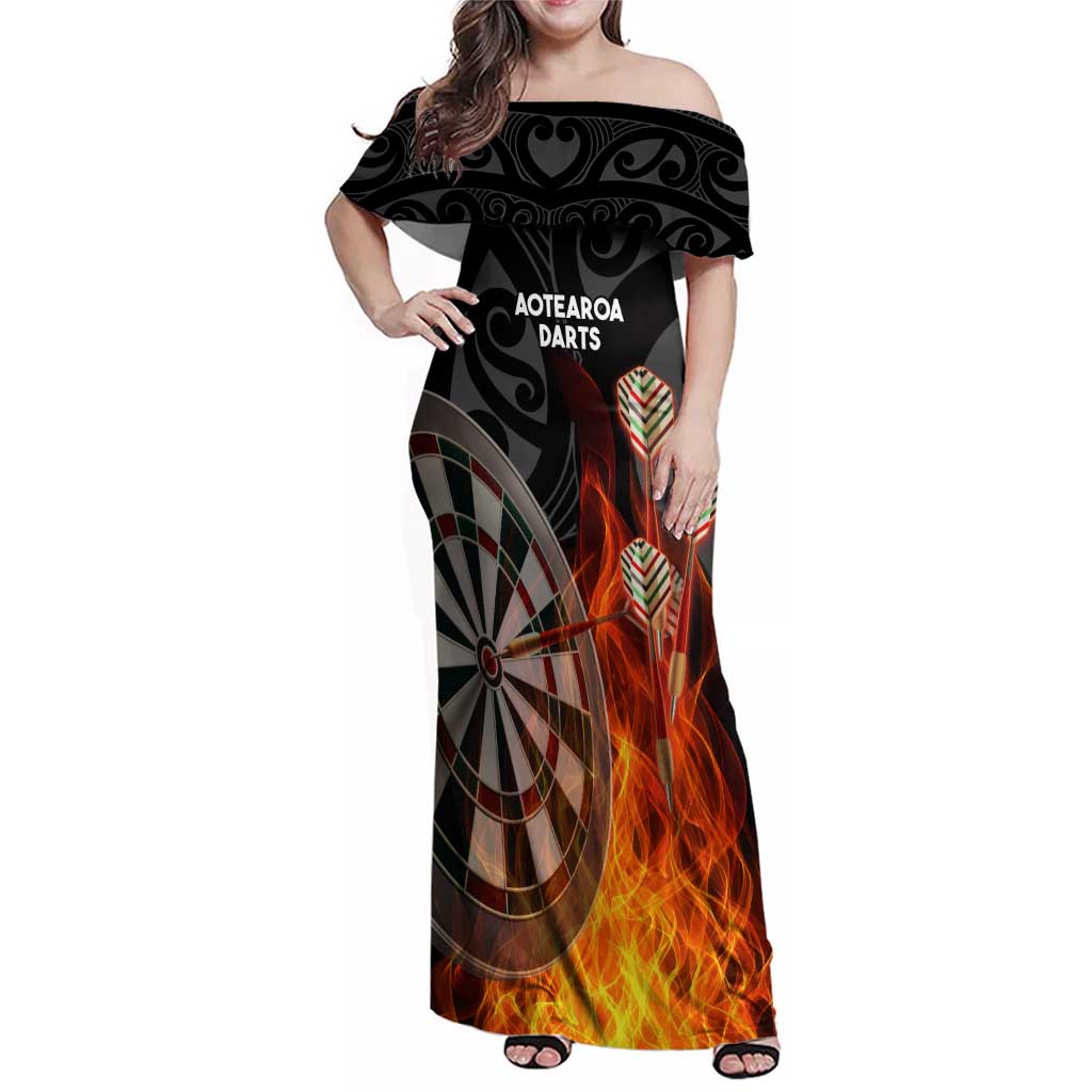 Personalised Aotearoa Darts Family Matching Off Shoulder Maxi Dress and Hawaiian Shirt Maori Koru Flaming Dartboard