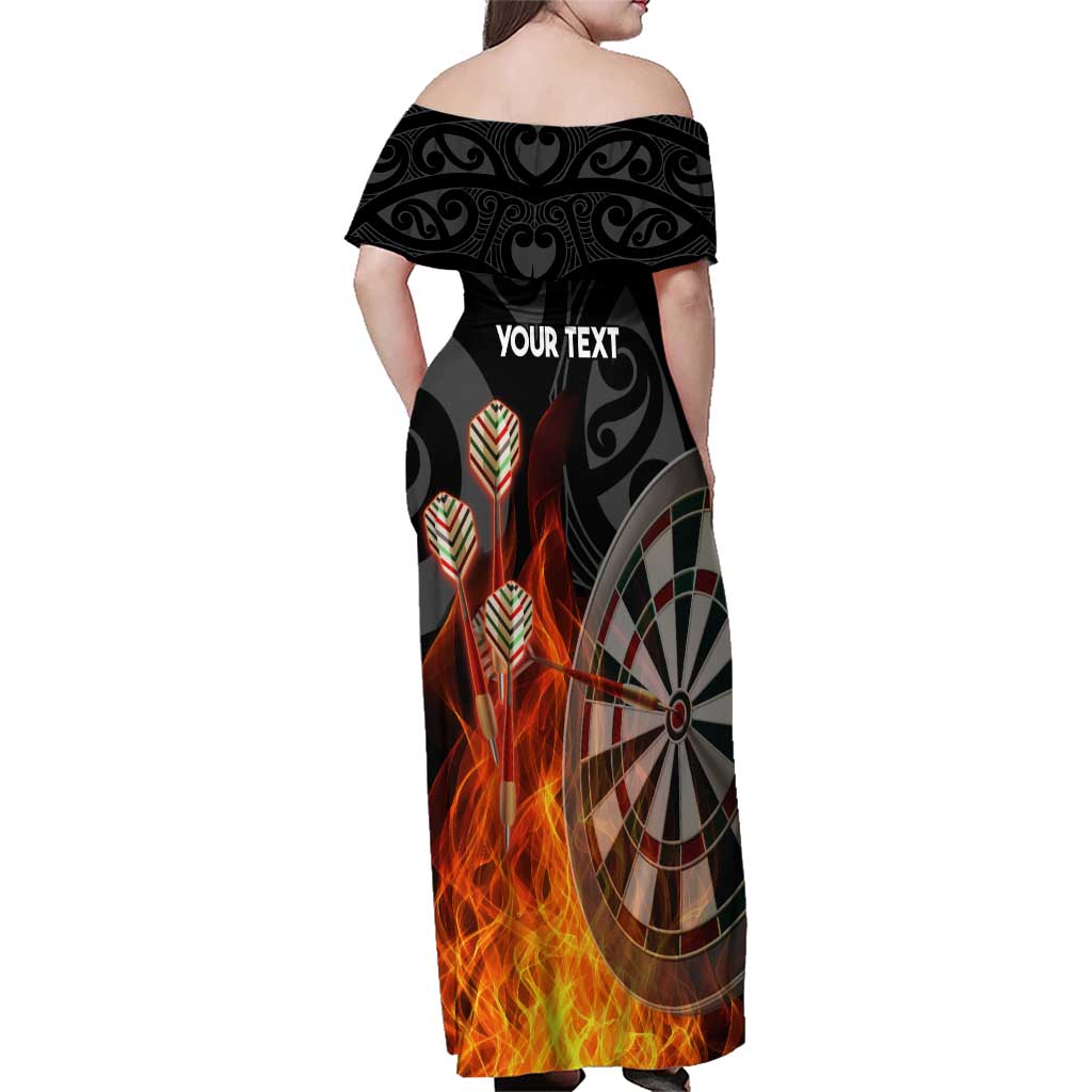 Personalised Aotearoa Darts Family Matching Off Shoulder Maxi Dress and Hawaiian Shirt Maori Koru Flaming Dartboard