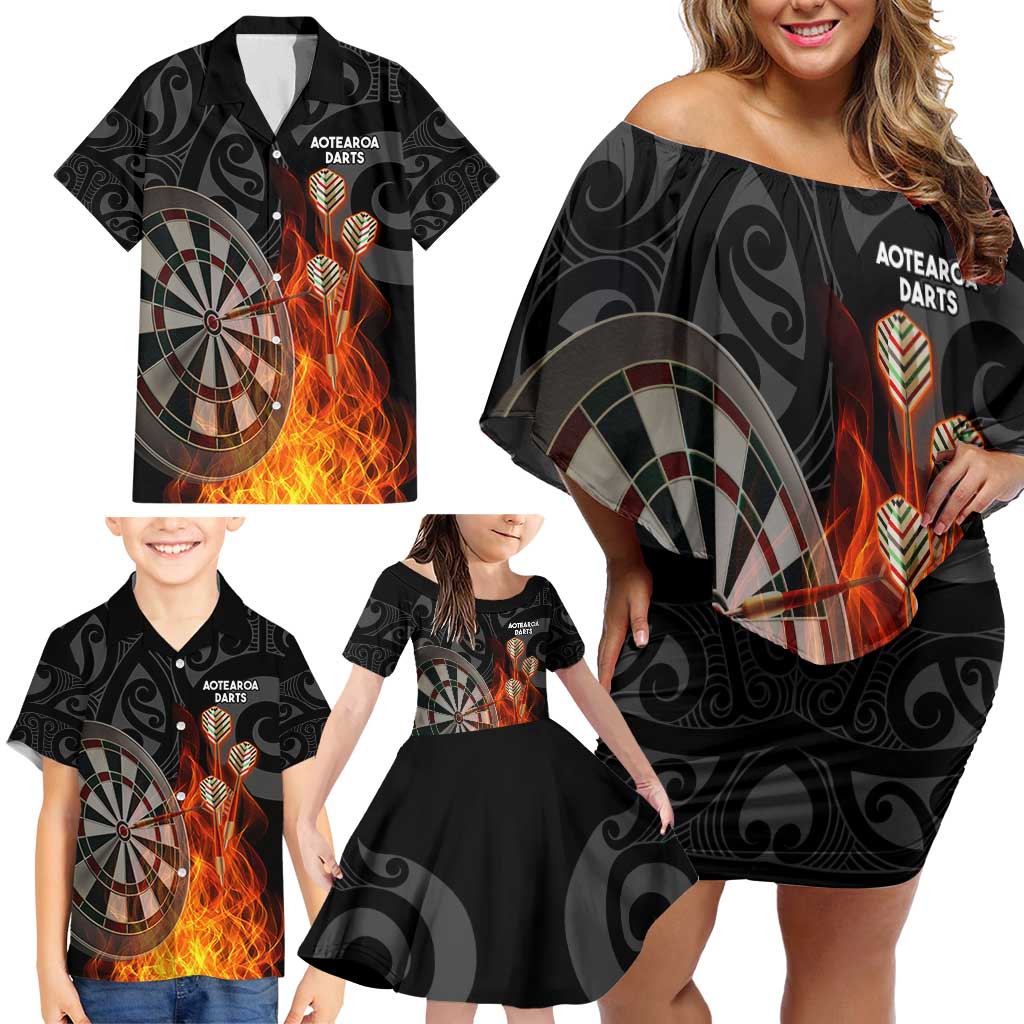 Personalised Aotearoa Darts Family Matching Off Shoulder Short Dress and Hawaiian Shirt Maori Koru Flaming Dartboard