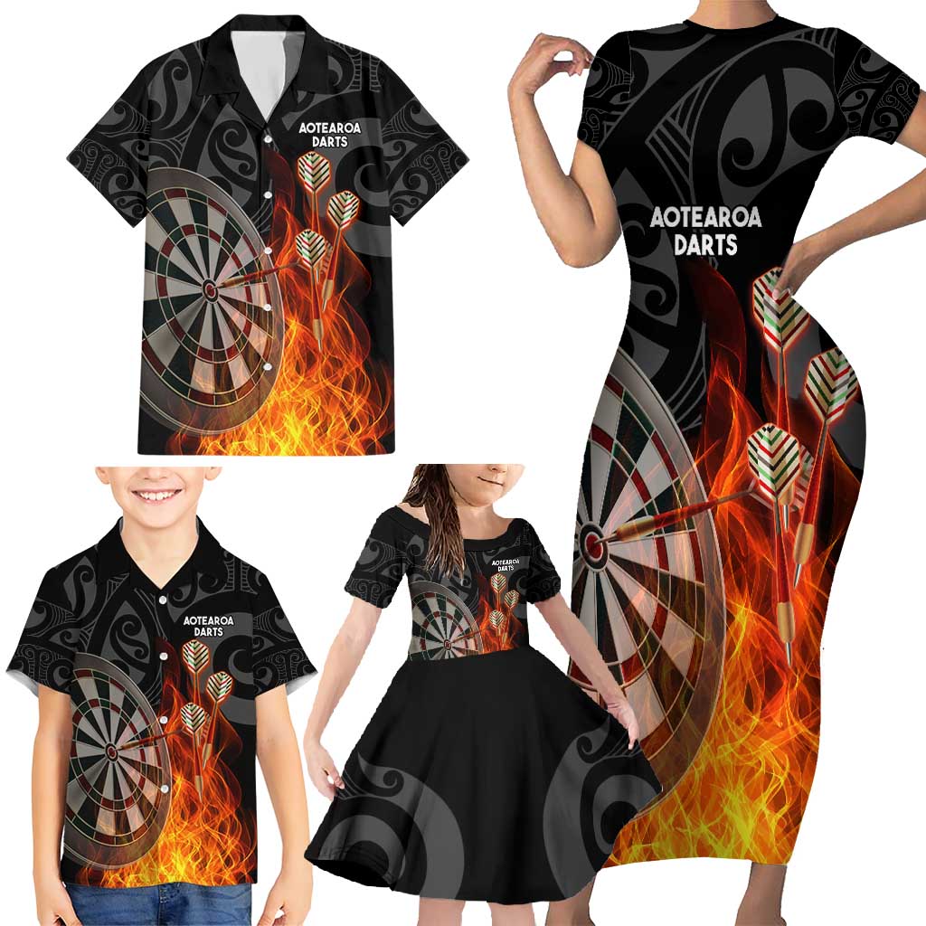 Personalised Aotearoa Darts Family Matching Short Sleeve Bodycon Dress and Hawaiian Shirt Maori Koru Flaming Dartboard