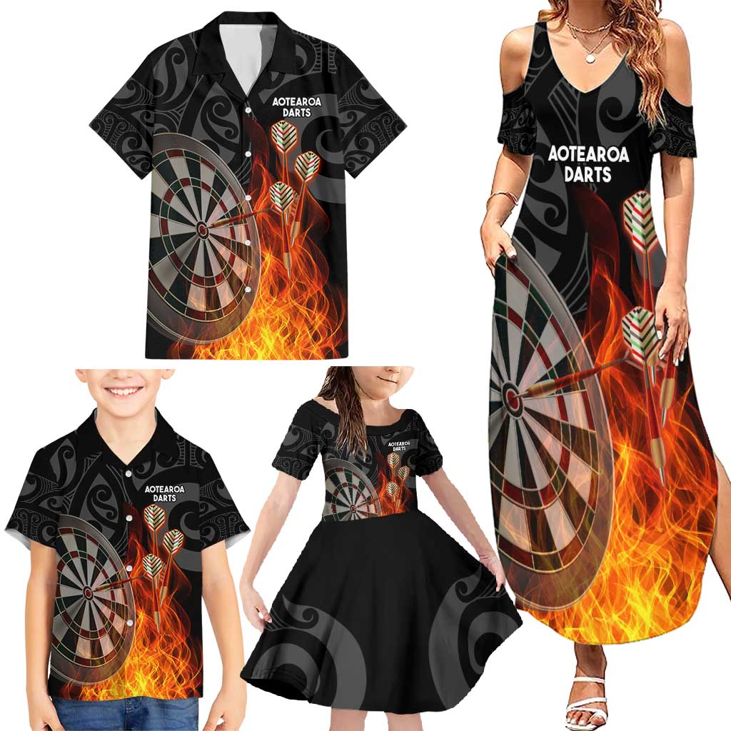 Personalised Aotearoa Darts Family Matching Summer Maxi Dress and Hawaiian Shirt Maori Koru Flaming Dartboard